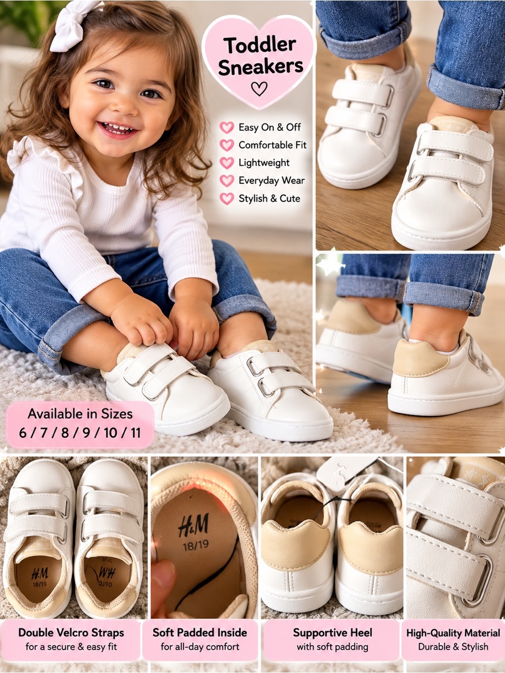 H&M Toddler Sneakers in Cream and White - Easy On & Off Velcro